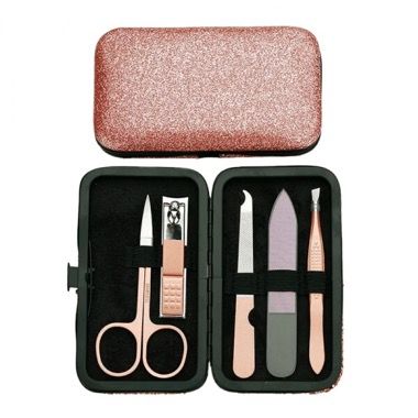 Trusa unghii Focstar 5 piese, unghiera, foarfeca, pila, penseta, cutie depozitare, roz gold 7