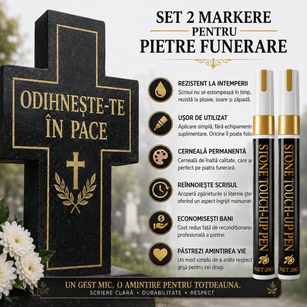 Litere aurii retușate pe o piatră funerară