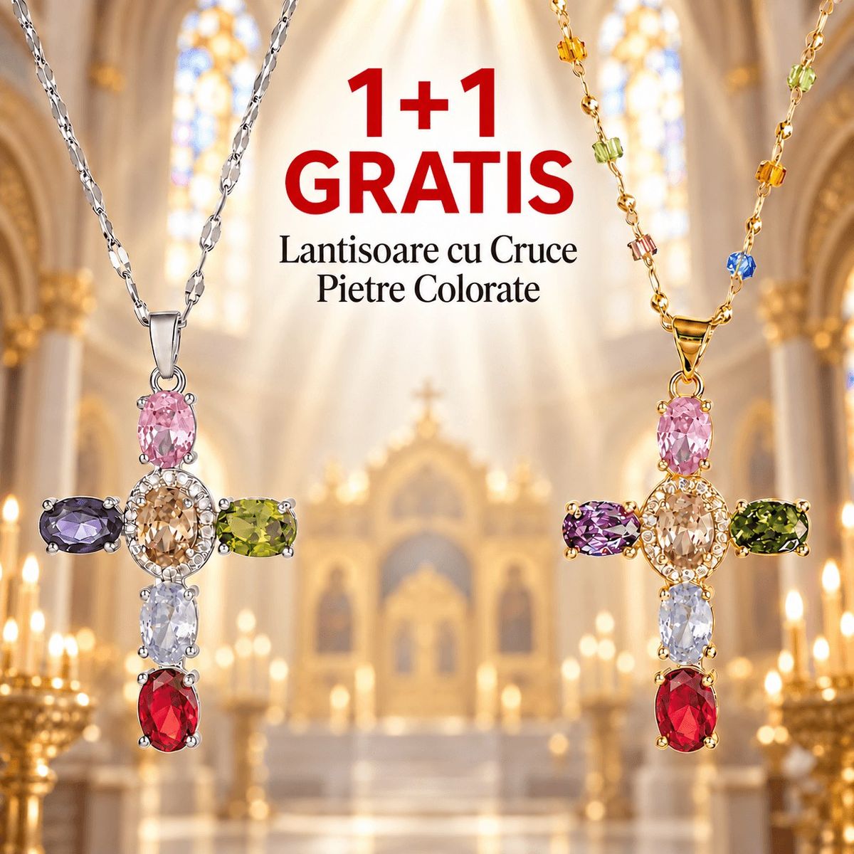 1+1 GRATIS Lantisoare cu Cruce Pietre Colorate 2