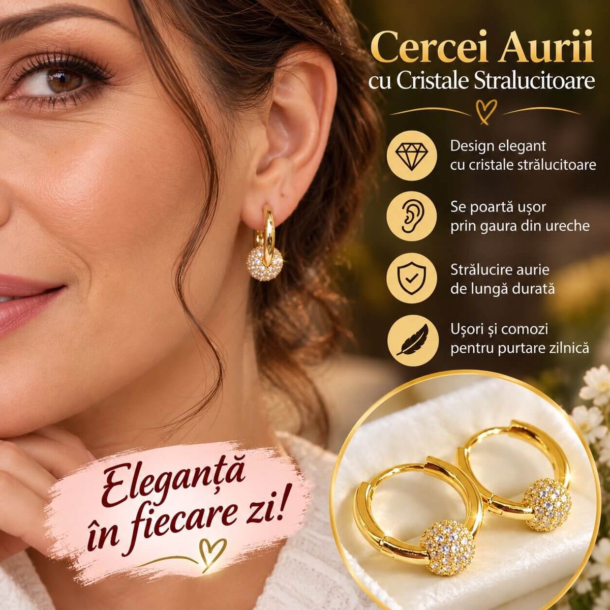 Cercei Aurii cu Cristale Stralucitoare 3