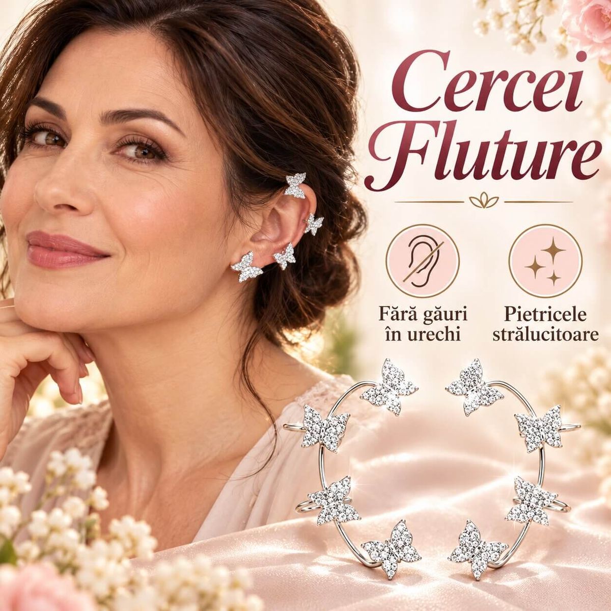 Cercei Fluture cu Prindere pe Ureche si Pietricele Stralucitoare 2