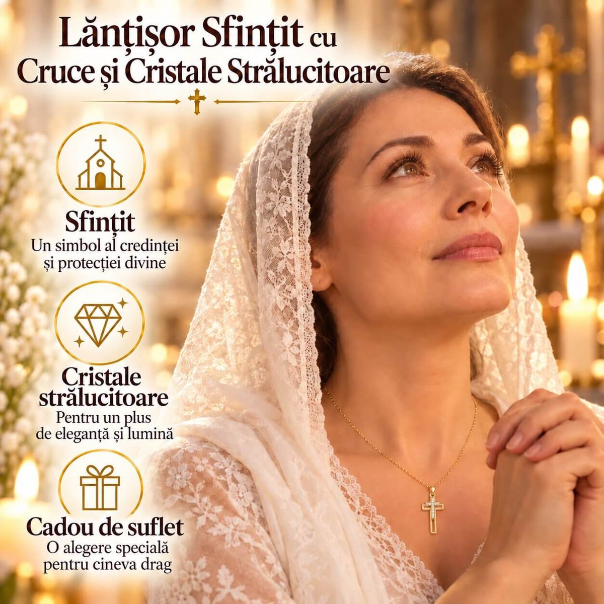 Lantisor Sfintit cu Cruce si Cristale Stralucitoare 3