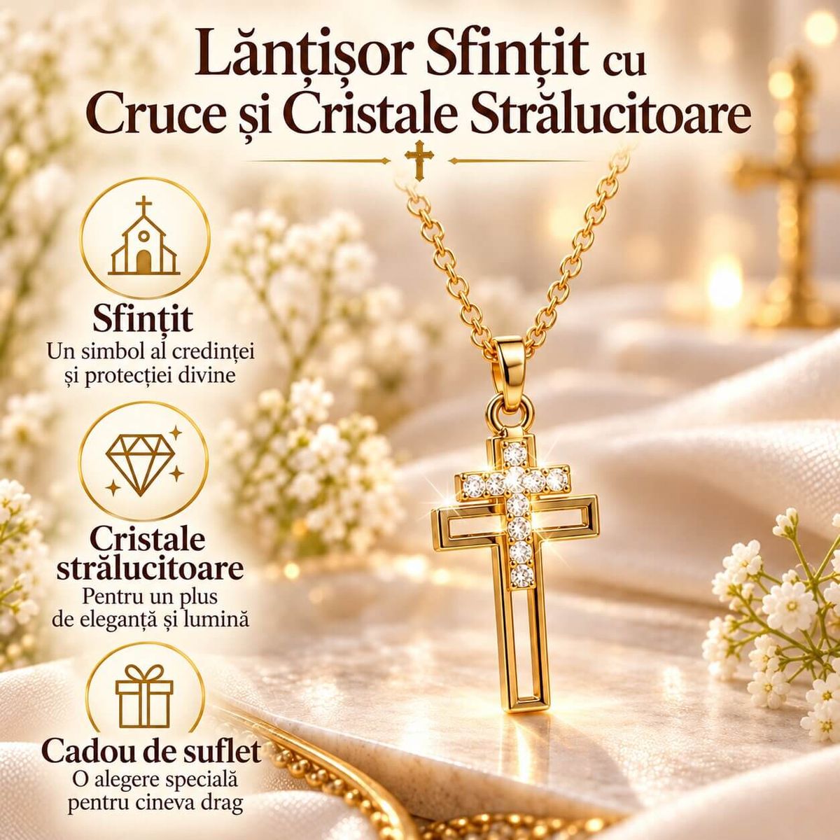 Lantisor Sfintit cu Cruce si Cristale Stralucitoare 5