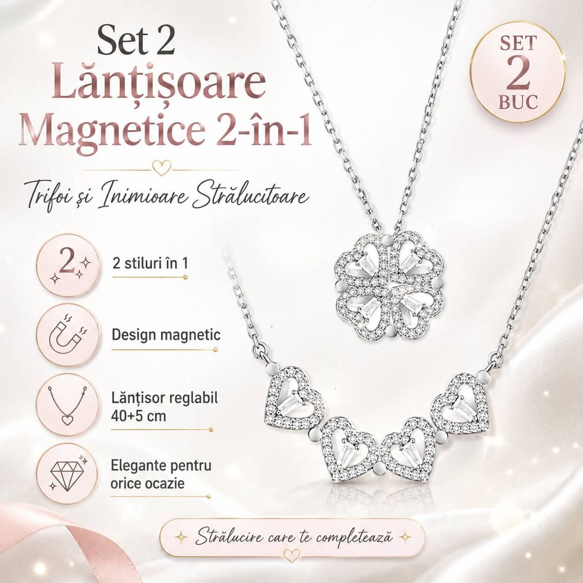 Set 2 Lantisoare Magnetice 2-in-1 cu Trifoi si Inimioare Stralucitoare 2