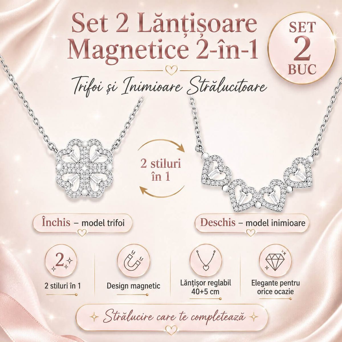 Set 2 Lantisoare Magnetice 2-in-1 cu Trifoi si Inimioare Stralucitoare 3