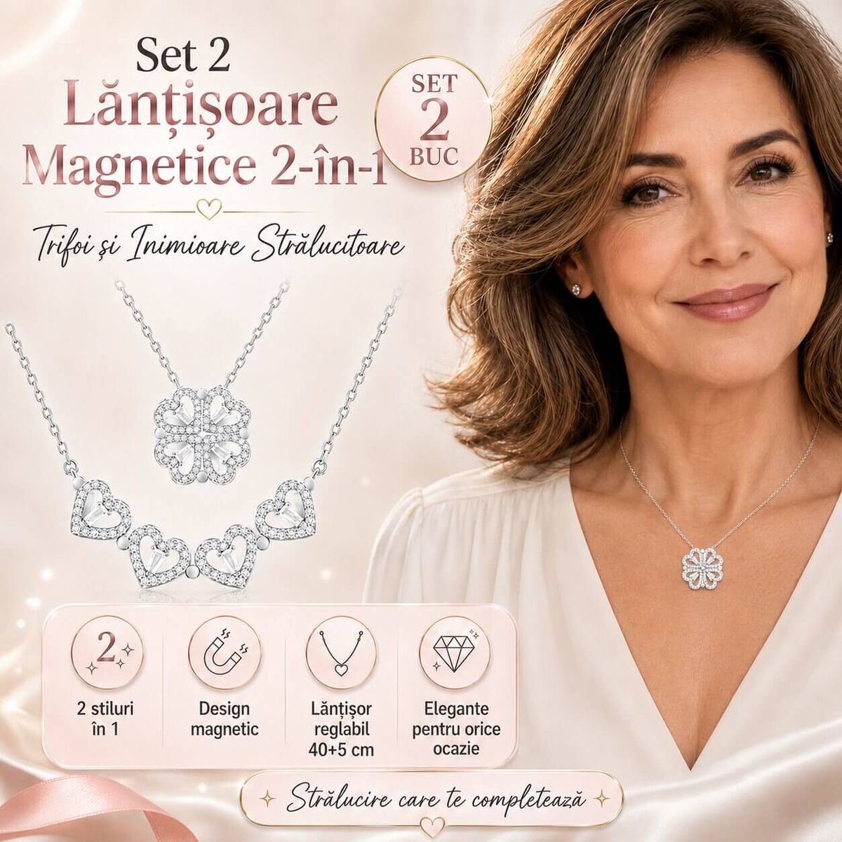 Set 2 Lantisoare Magnetice 2-in-1 cu Trifoi si Inimioare Stralucitoare 5