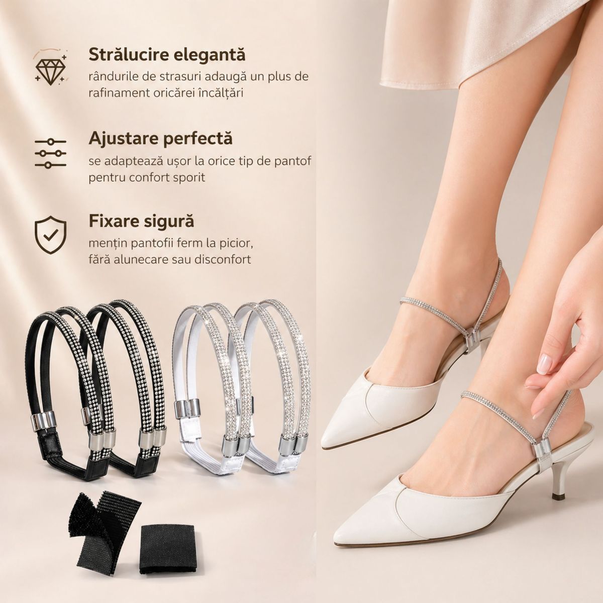 Set 2 Perechi Barete Ajustabile cu Strasuri pentru Fixarea Pantofilor 3