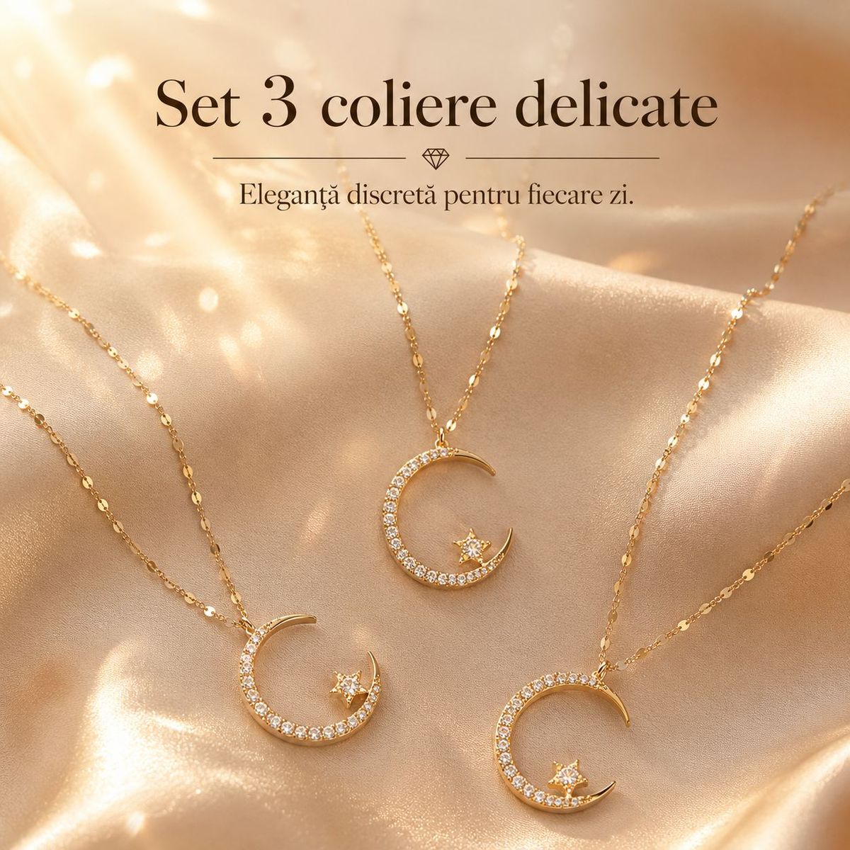 Set 3 Coliere Delicate cu Pandantiv Luna si Cristale Tip Diamant 2